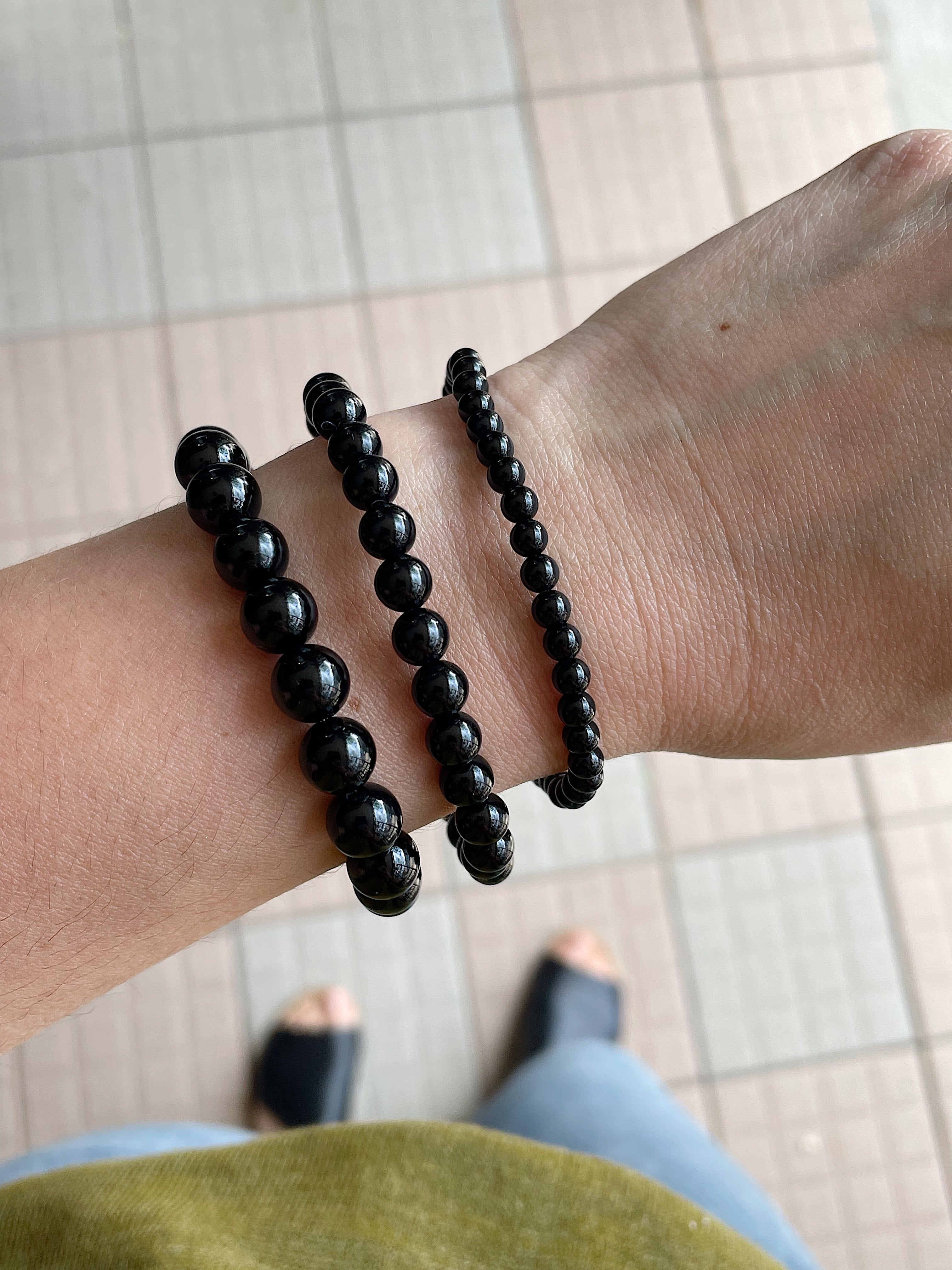 Natural Hematite & Black Onyx Gem Stone Crystal Beads Stretch Hand Band  Triple Protection Bracelets for Women and Men